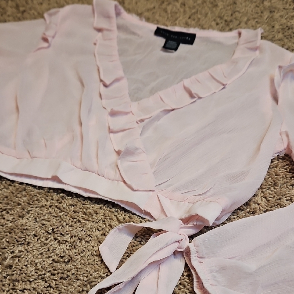 Know One Cares Sheer Mesh Pink Ruffle Wrap Blouse - Picture 3 of 8